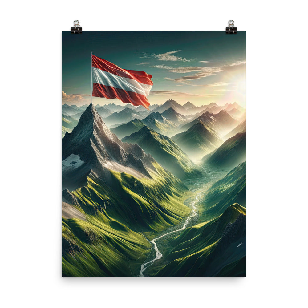 Alpen Gebirge: Fotorealistische Bergfläche mit Österreichischer Flagge - Premium Poster (glänzend) berge xxx yyy zzz 45.7 x 61 cm