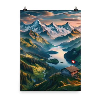 Schweizer Flagge, Alpenidylle: Dämmerlicht, epische Berge und stille Gewässer - Premium Poster (glänzend) berge xxx yyy zzz 45.7 x 61 cm
