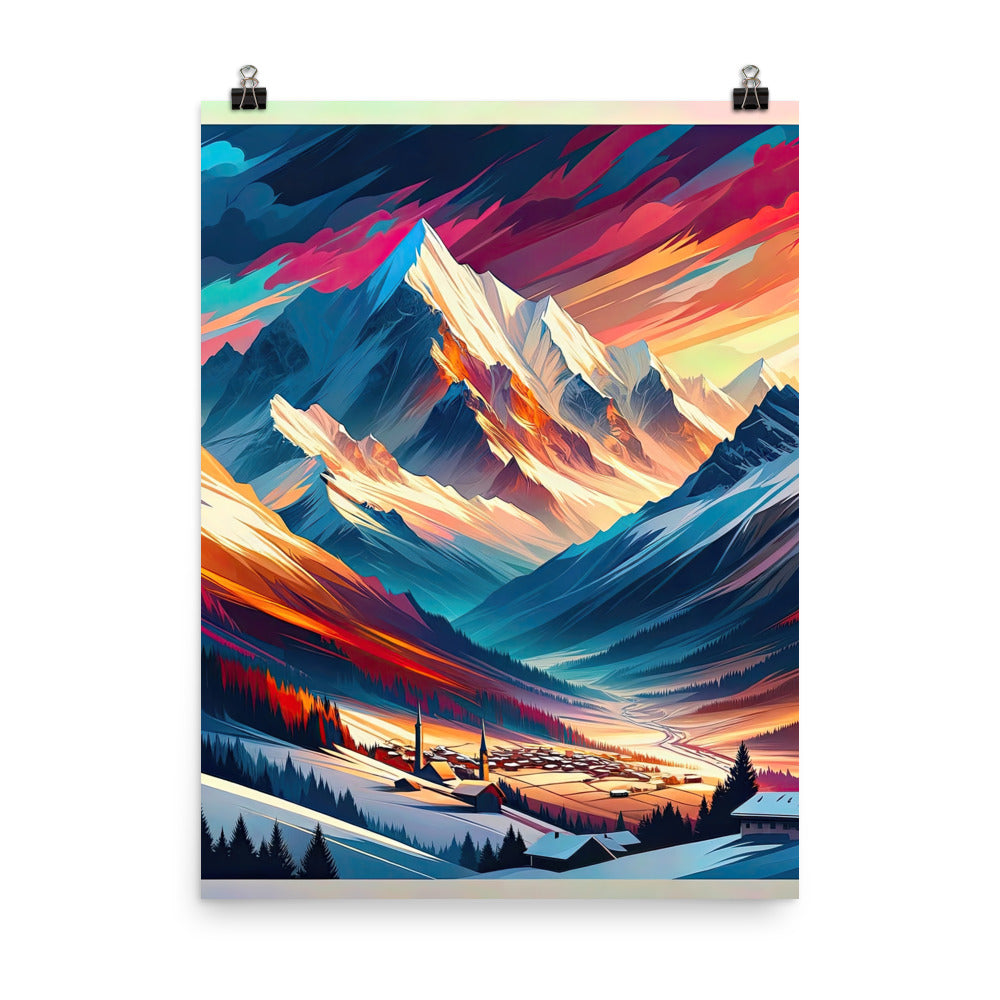 Moderne geometrische Alpen Kunst: Warmer Sonnenuntergangs Schein auf Schneegipfeln - Premium Poster (glänzend) berge xxx yyy zzz 45.7 x 61 cm