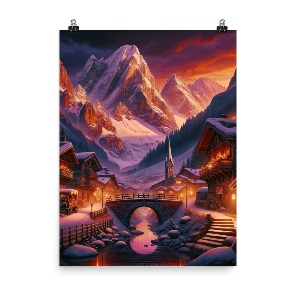 Magische Alpenstunde: Digitale Kunst mit warmem Himmelsschein über schneebedeckte Berge - Premium Poster (glänzend) berge xxx yyy zzz 45.7 x 61 cm