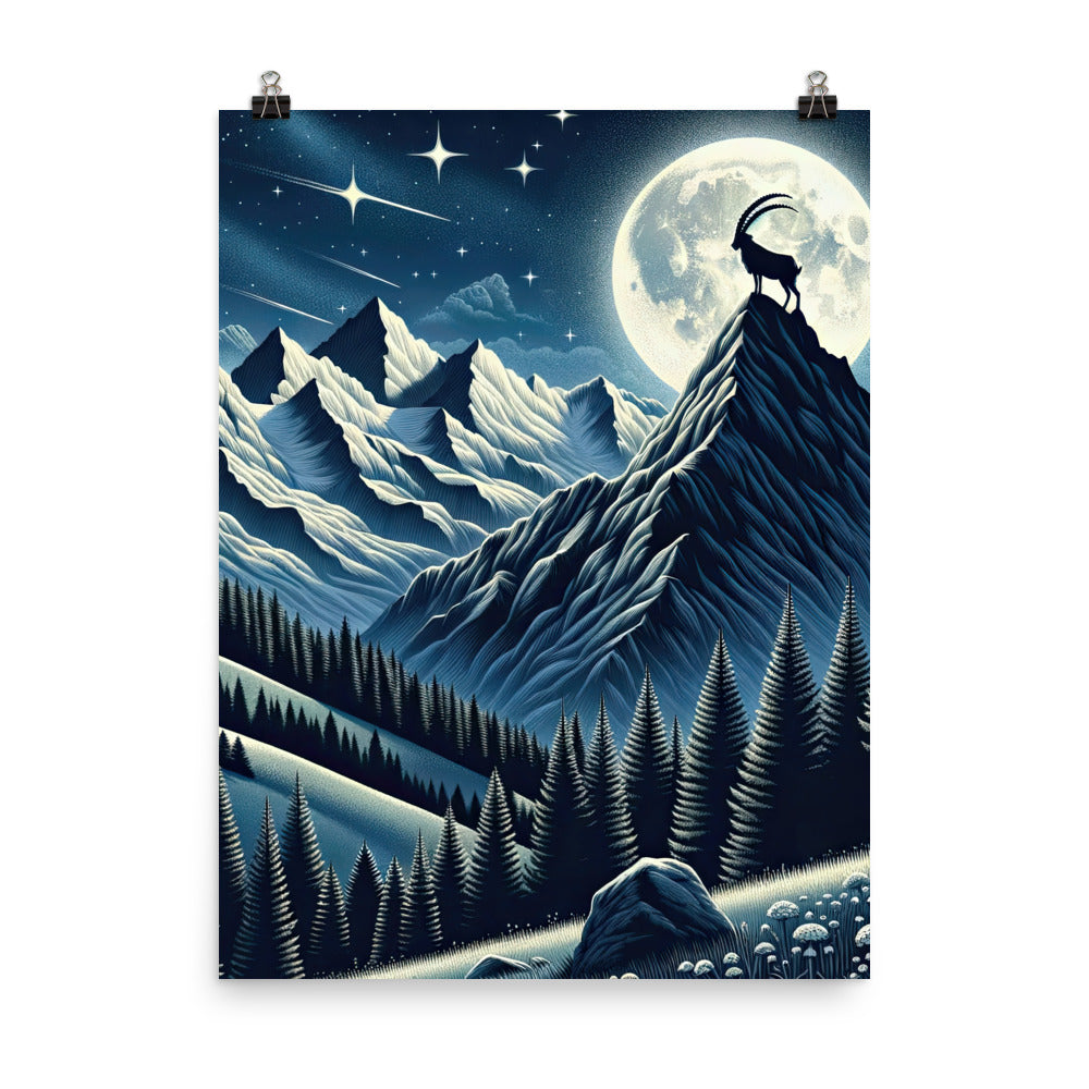 Steinbock in Alpennacht, silberne Berge und Sternenhimmel - Premium Poster (glänzend) berge xxx yyy zzz 45.7 x 61 cm