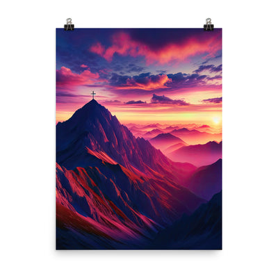 Dramatischer Alpen-Sonnenaufgang, Gipfelkreuz und warme Himmelsfarben - Premium Poster (glänzend) berge xxx yyy zzz 45.7 x 61 cm