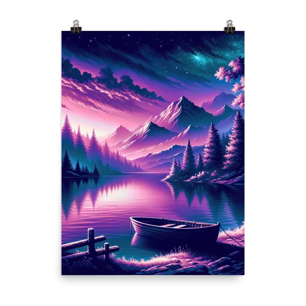 Magische Alpen-Dämmerung, rosa-lila Himmel und Bergsee mit Boot - Premium Poster (glänzend) berge xxx yyy zzz 45.7 x 61 cm