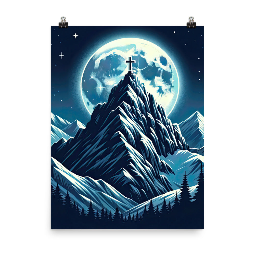 Mondnacht und Gipfelkreuz in den Alpen, glitzernde Schneegipfel - Premium Poster (glänzend) berge xxx yyy zzz 45.7 x 61 cm