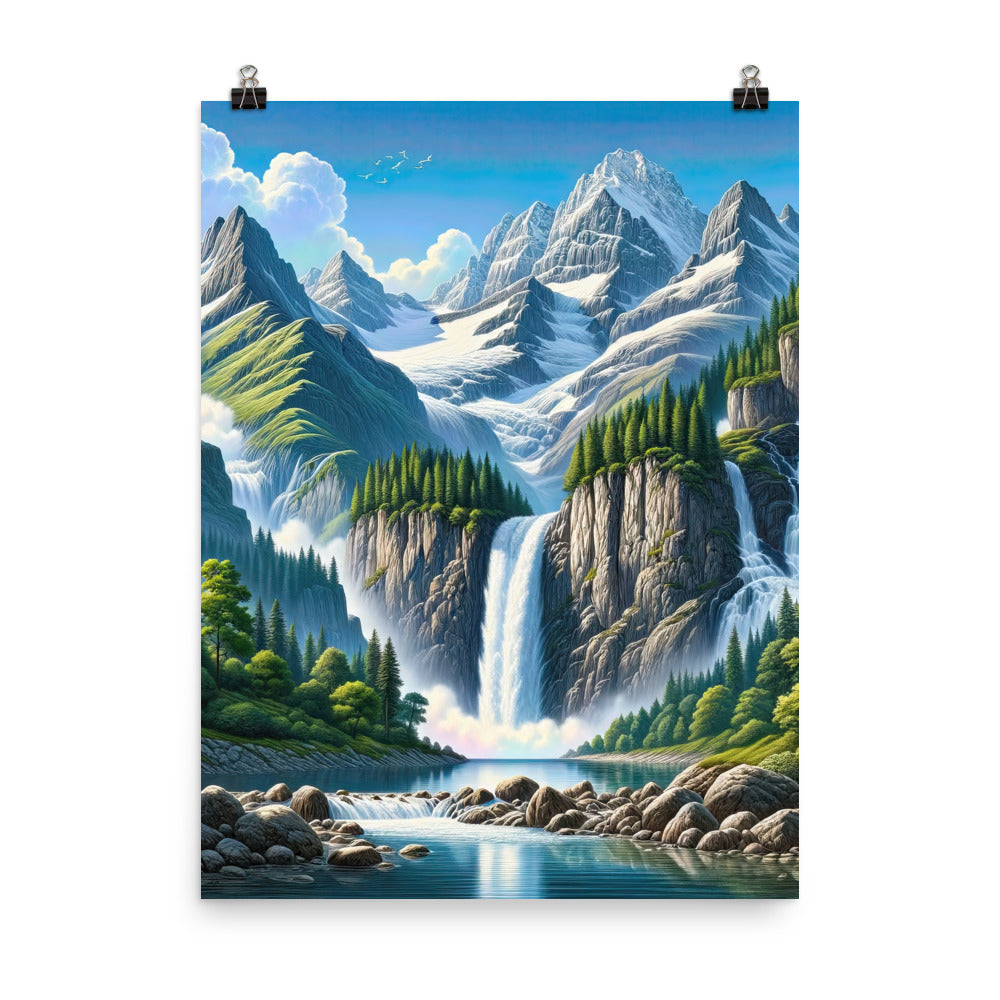 Illustration einer unberührten Alpenkulisse im Hochsommer. Wasserfall und See - Premium Poster (glänzend) berge xxx yyy zzz 45.7 x 61 cm
