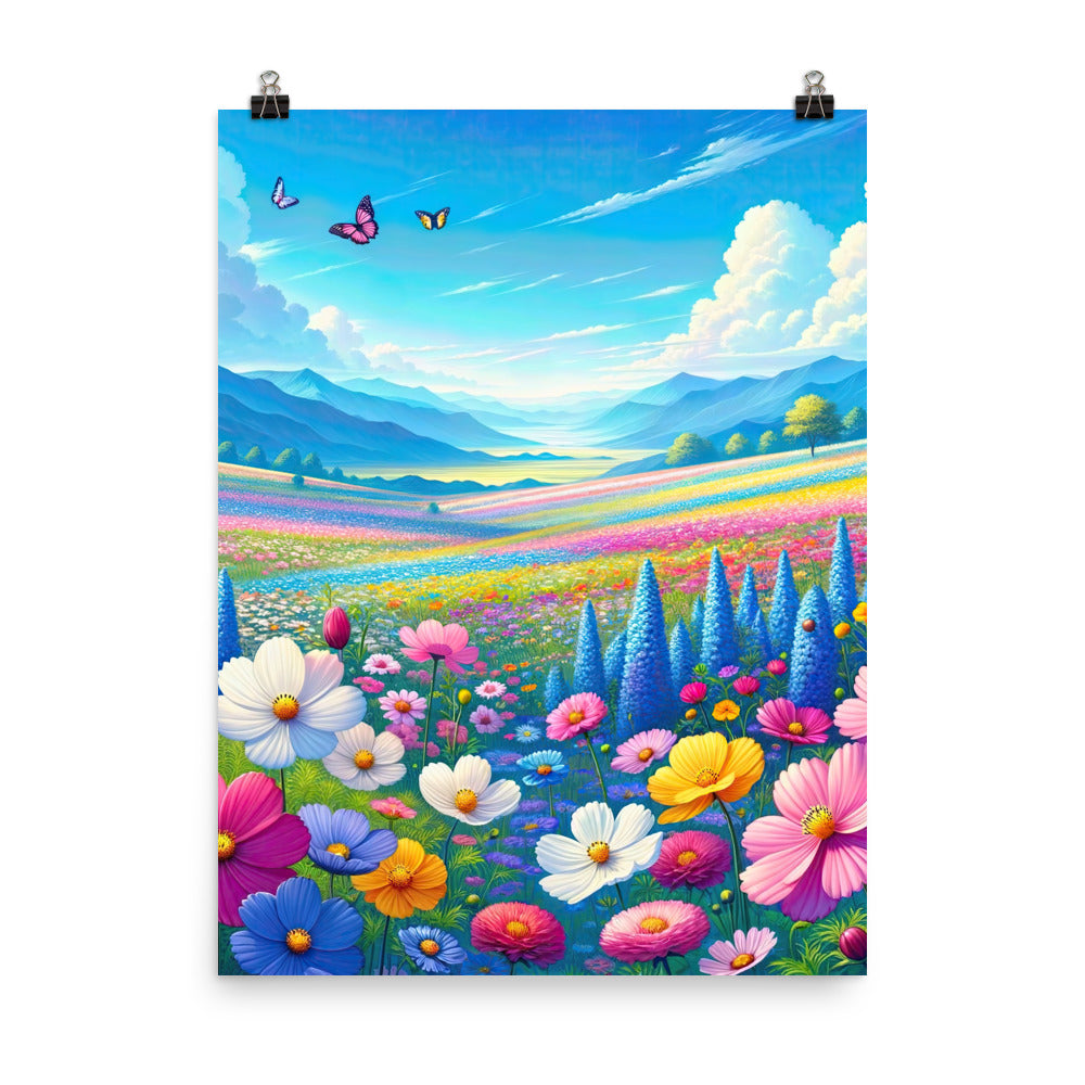 Weitläufiges Blumenfeld unter himmelblauem Himmel, leuchtende Flora - Premium Poster (glänzend) camping xxx yyy zzz 45.7 x 61 cm