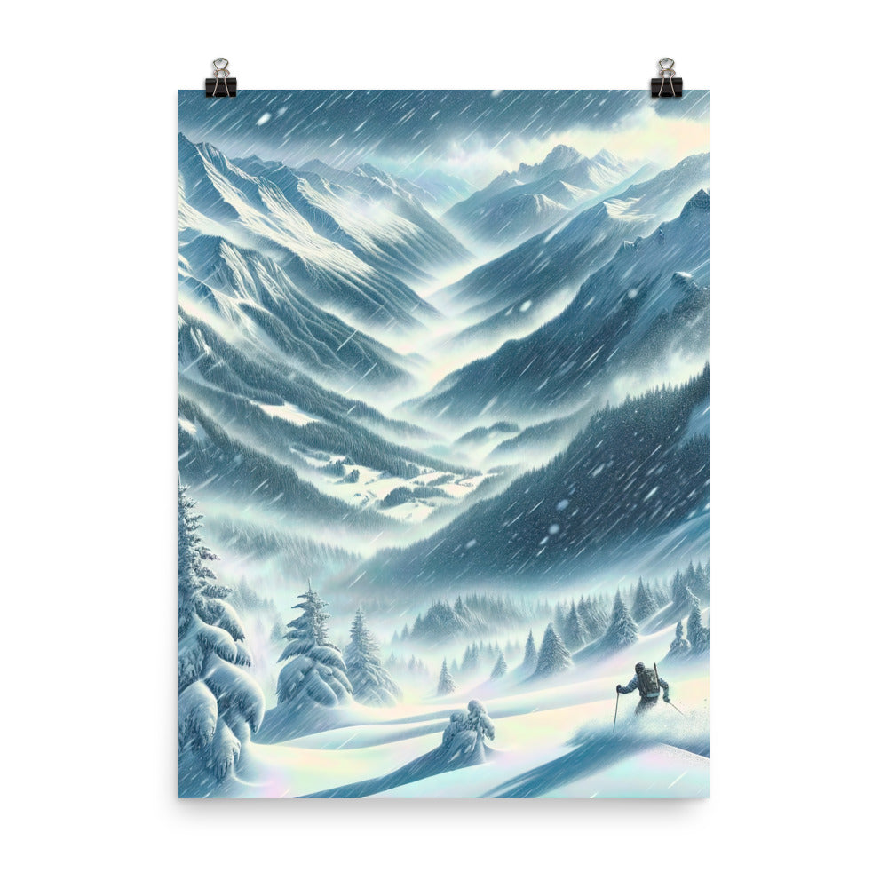 Alpine Wildnis im Wintersturm mit Skifahrer, verschneite Landschaft - Premium Poster (glänzend) klettern ski xxx yyy zzz 45.7 x 61 cm