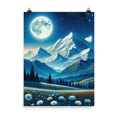 Klare frühlingshafte Alpennacht mit Blumen und Vollmond über Schneegipfeln - Premium Poster (glänzend) berge xxx yyy zzz 45.7 x 61 cm