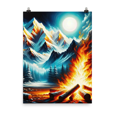 Ölgemälde von Feuer und Eis: Lagerfeuer und Alpen im Kontrast, warme Flammen - Premium Poster (glänzend) camping xxx yyy zzz 45.7 x 61 cm