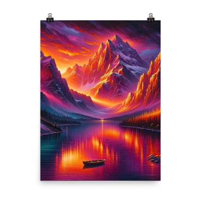Ölgemälde eines Bootes auf einem Bergsee bei Sonnenuntergang, lebendige Orange-Lila Töne - Premium Poster (glänzend) berge xxx yyy zzz 45.7 x 61 cm