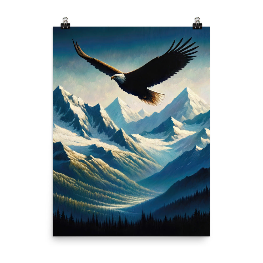 Ölgemälde eines Adlers vor schneebedeckten Bergsilhouetten - Premium Poster (glänzend) berge xxx yyy zzz 45.7 x 61 cm