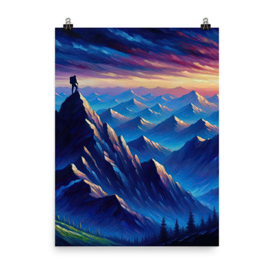 Ölgemälde eines ruhigen Alpenabends mit Bergsteigersilhouette auf dem Gipfel - Premium Poster (glänzend) wandern xxx yyy zzz 45.7 x 61 cm