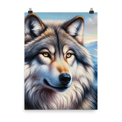 Ölgemäldeporträt eines majestätischen Wolfes mit intensiven Augen in der Berglandschaft (AN) - Premium Poster (glänzend) xxx yyy zzz 45.7 x 61 cm