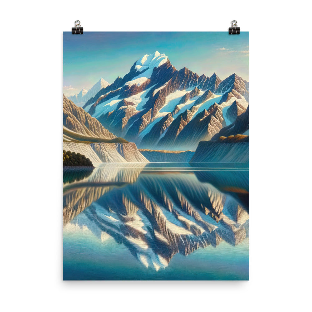 Ölgemälde eines unberührten Sees, der die Bergkette spiegelt - Premium Poster (glänzend) berge xxx yyy zzz 45.7 x 61 cm
