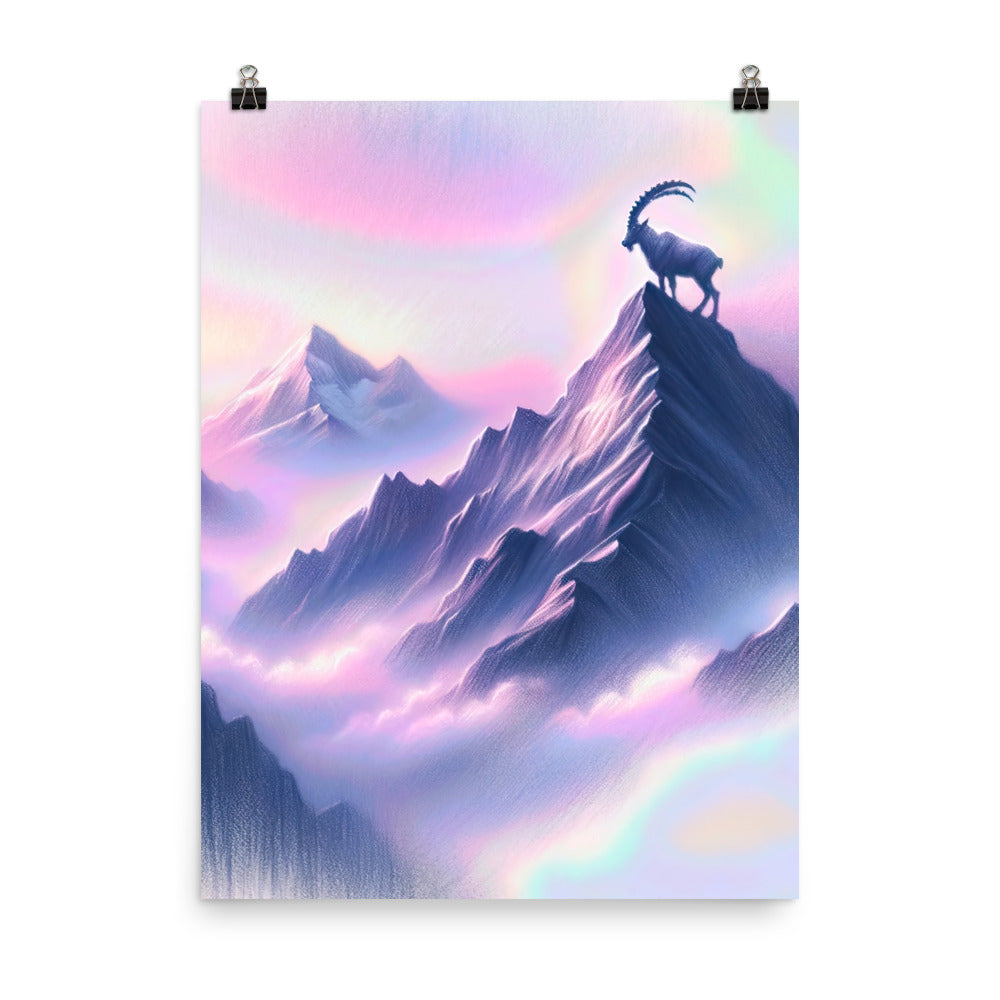 Pastellzeichnung der Alpen im Morgengrauen mit Steinbock in Rosa- und Lavendeltönen - Premium Poster (glänzend) berge xxx yyy zzz 45.7 x 61 cm