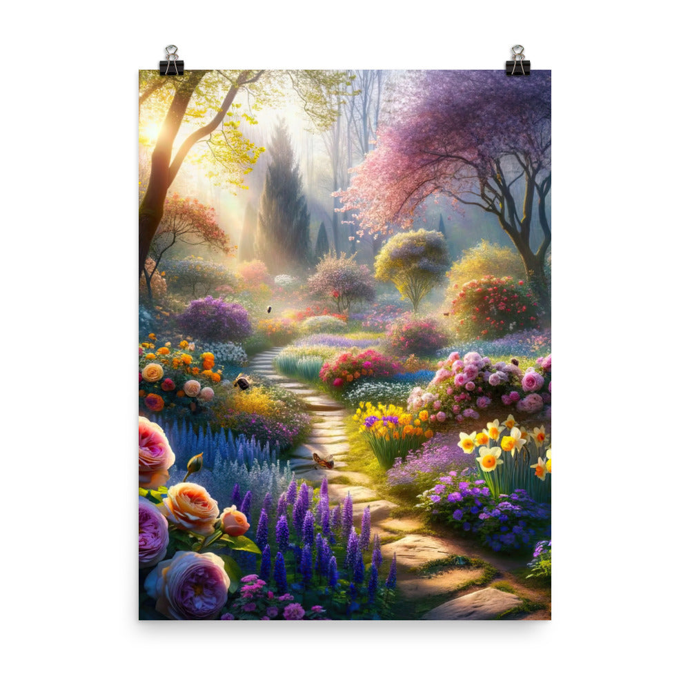 Foto einer Gartenszene im Frühling mit Weg durch blühende Rosen und Veilchen - Premium Poster (glänzend) camping xxx yyy zzz 45.7 x 61 cm