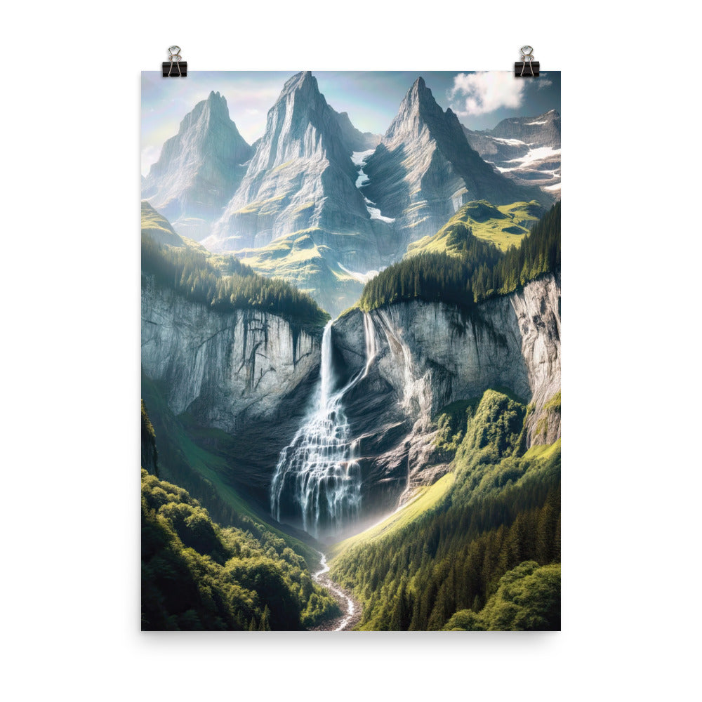 Foto der sommerlichen Alpen mit üppigen Gipfeln und Wasserfall - Premium Poster (glänzend) berge xxx yyy zzz 45.7 x 61 cm