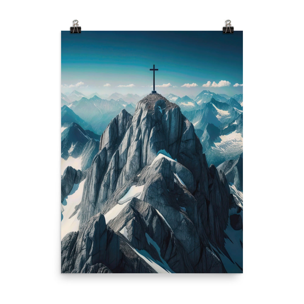 Foto der Alpen mit Gipfelkreuz an einem klaren Tag, schneebedeckte Spitzen vor blauem Himmel - Premium Poster (glänzend) berge xxx yyy zzz 45.7 x 61 cm