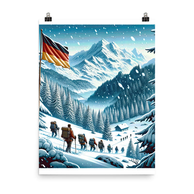 Quadratische Winterillustration der Alpen mit deutscher Flagge und Wanderteam - Premium Poster (glänzend) wandern xxx yyy zzz 45.7 x 61 cm