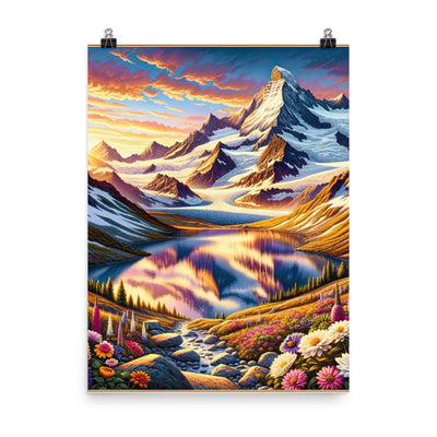 Quadratische Illustration der Alpen mit schneebedeckten Gipfeln und Wildblumen - Premium Poster (glänzend) berge xxx yyy zzz 45.7 x 61 cm