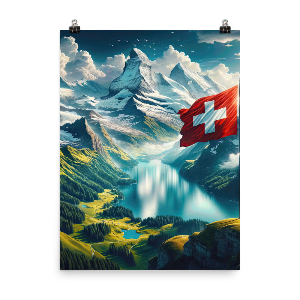Ultraepische, fotorealistische Darstellung der Schweizer Alpenlandschaft mit Schweizer Flagge - Premium Poster (glänzend) berge xxx yyy zzz 45.7 x 61 cm