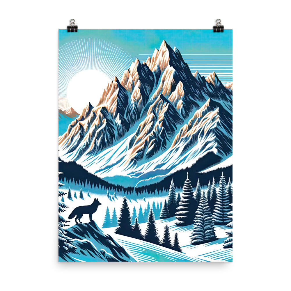 Vektorgrafik eines Wolfes im winterlichen Alpenmorgen, Berge mit Schnee- und Felsmustern - Premium Poster (glänzend) berge xxx yyy zzz 45.7 x 61 cm