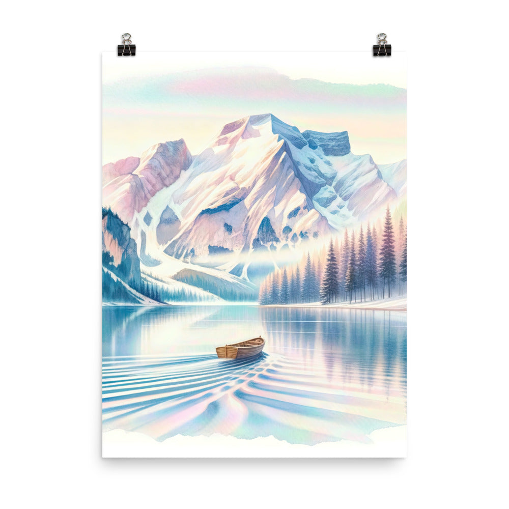 Aquarell eines klaren Alpenmorgens, Boot auf Bergsee in Pastelltönen - Premium Poster (glänzend) berge xxx yyy zzz 45.7 x 61 cm