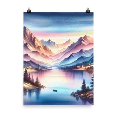 Aquarell einer Dämmerung in den Alpen, Boot auf einem See in Pastell-Licht - Premium Poster (glänzend) berge xxx yyy zzz 45.7 x 61 cm