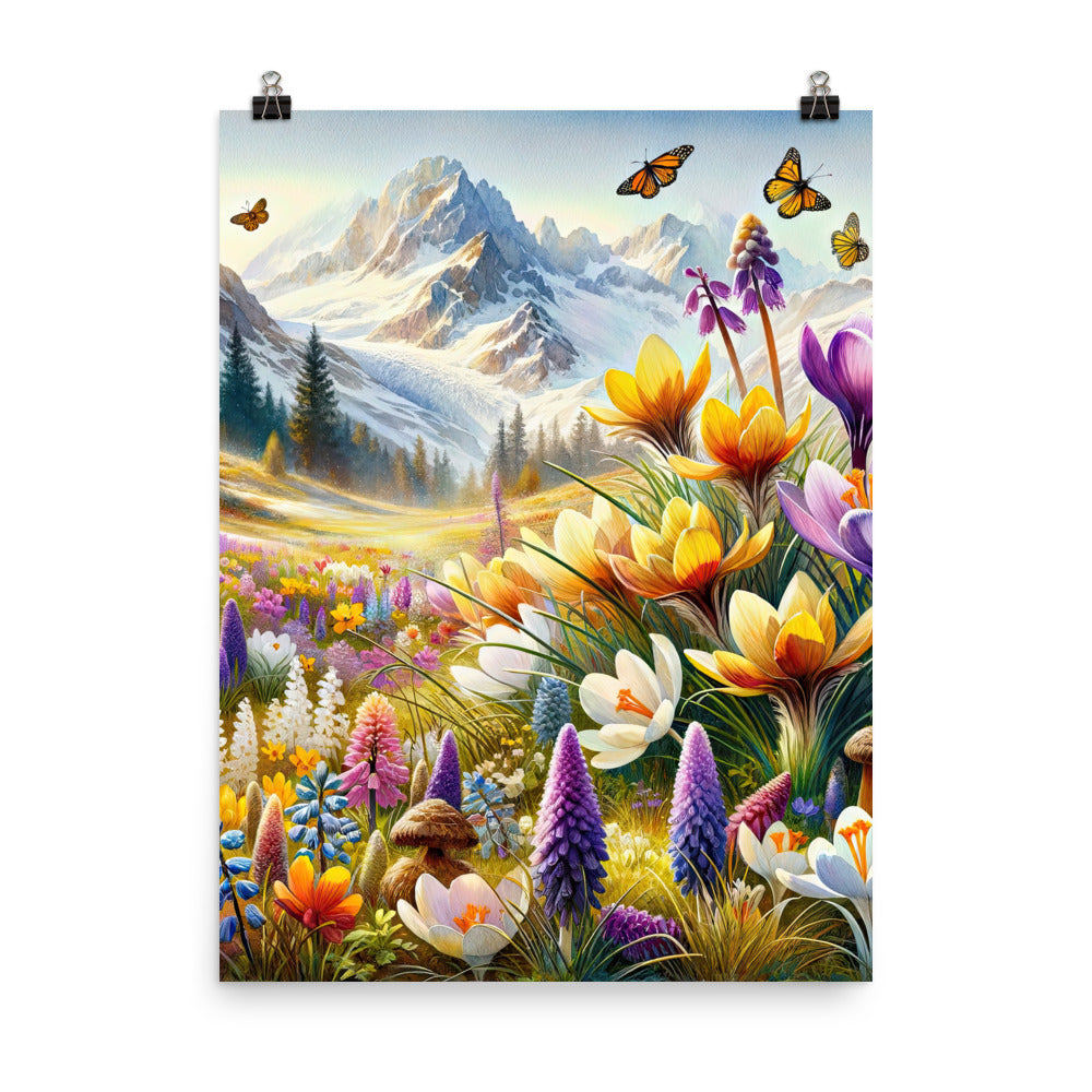 Aquarell einer ruhigen Almwiese, farbenfrohe Bergblumen in den Alpen - Premium Poster (glänzend) berge xxx yyy zzz 45.7 x 61 cm