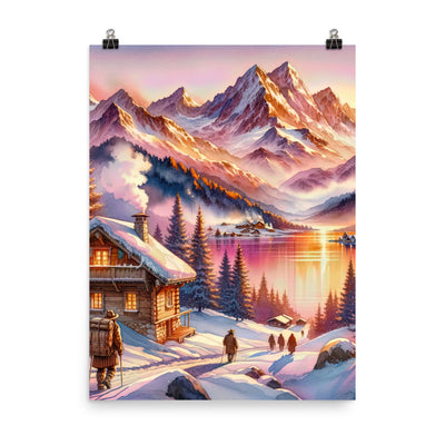 Aquarell eines Alpenpanoramas mit Wanderern bei Sonnenuntergang in Rosa und Gold - Premium Poster (glänzend) wandern xxx yyy zzz 45.7 x 61 cm