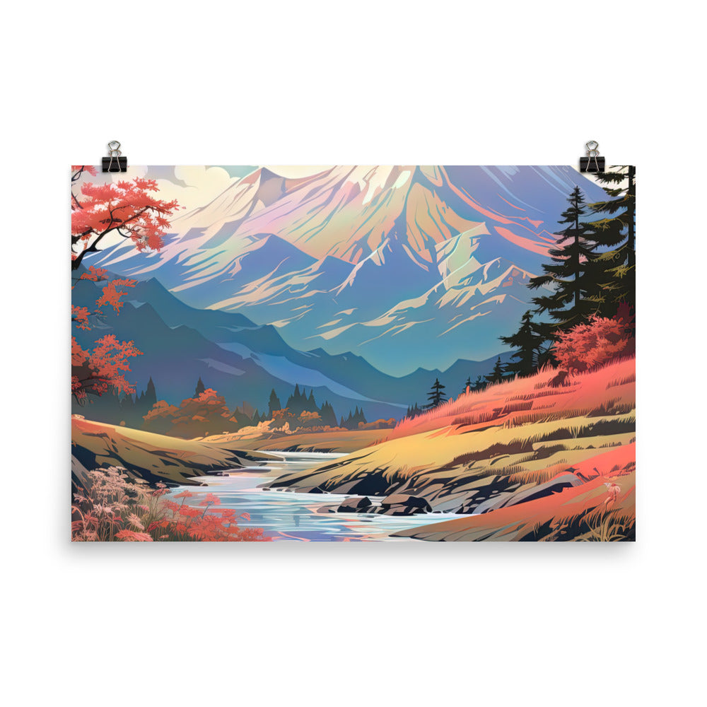 Berge. Fluss und Blumen - Malerei - Premium Poster (glänzend) berge xxx 61 x 91.4 cm