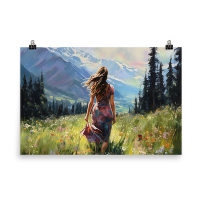 Frau mit langen Kleid im Feld mit Blumen - Berge im Hintergrund - Malerei - Premium Poster (glänzend) berge xxx 61 x 91.4 cm