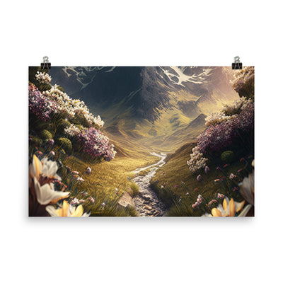 Epischer Berg, steiniger Weg und Blumen - Realistische Malerei - Premium Poster (glänzend) berge xxx 61 x 91.4 cm
