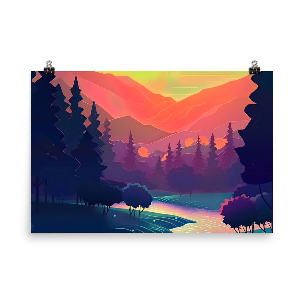 Berge, Fluss, Sonnenuntergang - Malerei - Premium Poster (glänzend) berge xxx 61 x 91.4 cm