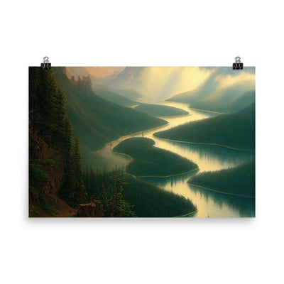 Landschaft mit Bergen, See und viel grüne Natur - Malerei - Premium Poster (glänzend) berge xxx 61 x 91.4 cm