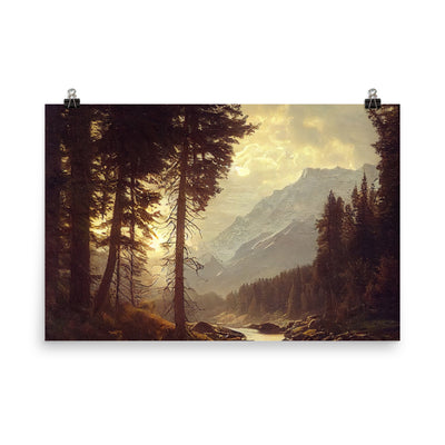 Landschaft mit Bergen, Fluss und Bäumen - Malerei - Premium Poster (glänzend) berge xxx 61 x 91.4 cm