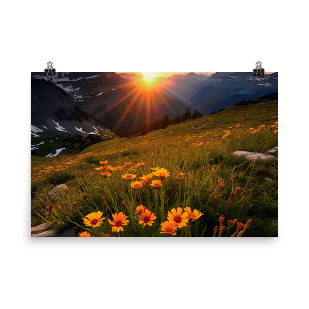 Gebirge, Sonnenblumen und Sonnenaufgang - Premium Poster (glänzend) berge xxx 61 x 91.4 cm