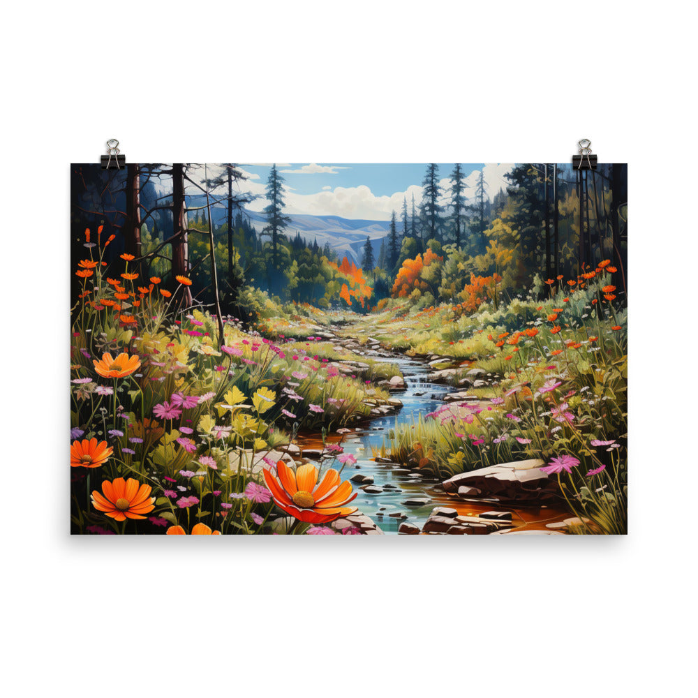 Berge, schöne Blumen und Bach im Wald - Premium Poster (glänzend) berge xxx 61 x 91.4 cm
