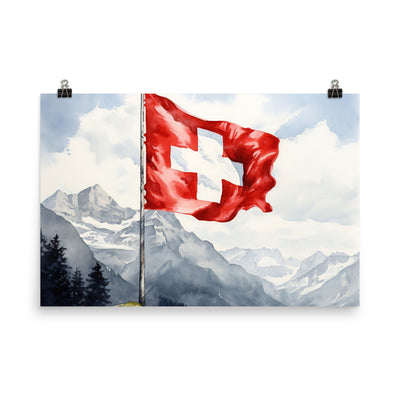 Schweizer Flagge und Berge im Hintergrund - Epische Stimmung - Malerei - Premium Poster (glänzend) berge xxx 61 x 91.4 cm