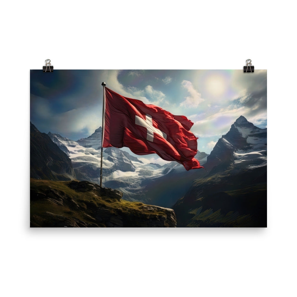 Schweizer Flagge und Berge im Hintergrund - Fotorealistische Malerei - Premium Poster (glänzend) berge xxx 61 x 91.4 cm