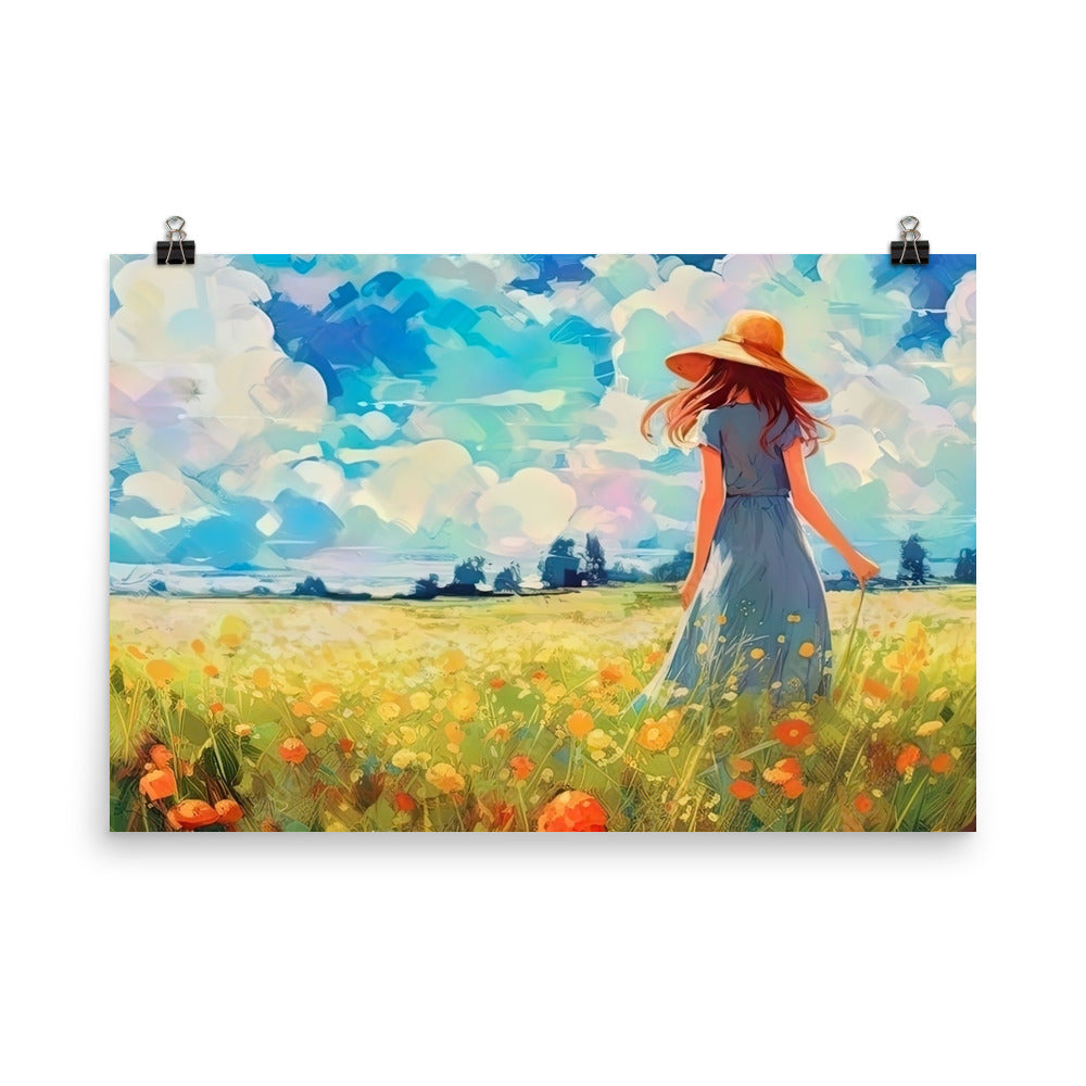 Dame mit Hut im Feld mit Blumen - Landschaftsmalerei - Premium Poster (glänzend) camping xxx 61 x 91.4 cm