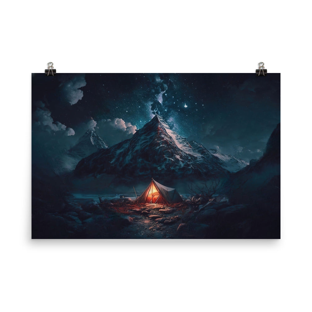 Zelt und Berg in der Nacht - Sterne am Himmel - Landschaftsmalerei - Premium Poster (glänzend) camping xxx 61 x 91.4 cm