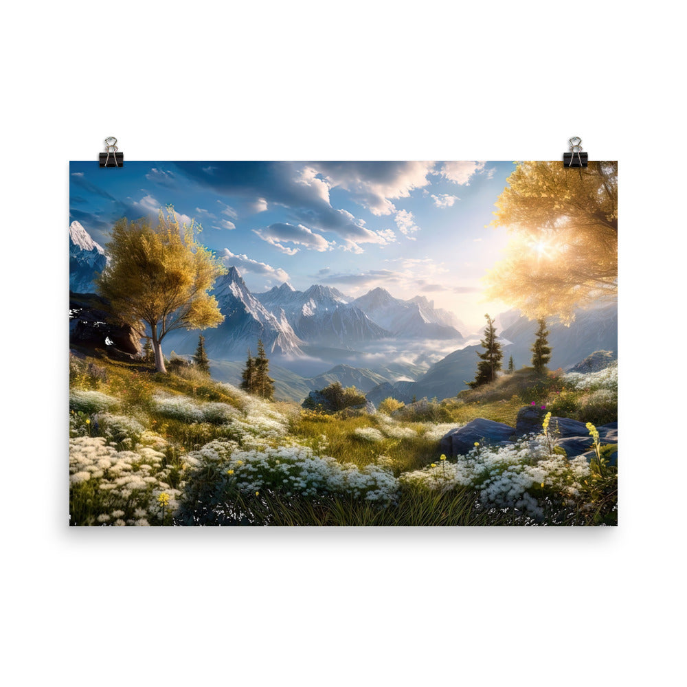 Berglandschaft mit Sonnenschein, Blumen und Bäumen - Malerei - Premium Poster (glänzend) berge xxx 61 x 91.4 cm