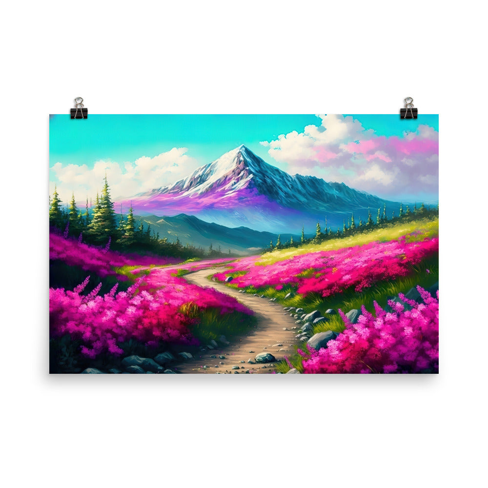 Berg, pinke Blumen und Wanderweg - Landschaftsmalerei - Premium Poster (glänzend) berge xxx 61 x 91.4 cm