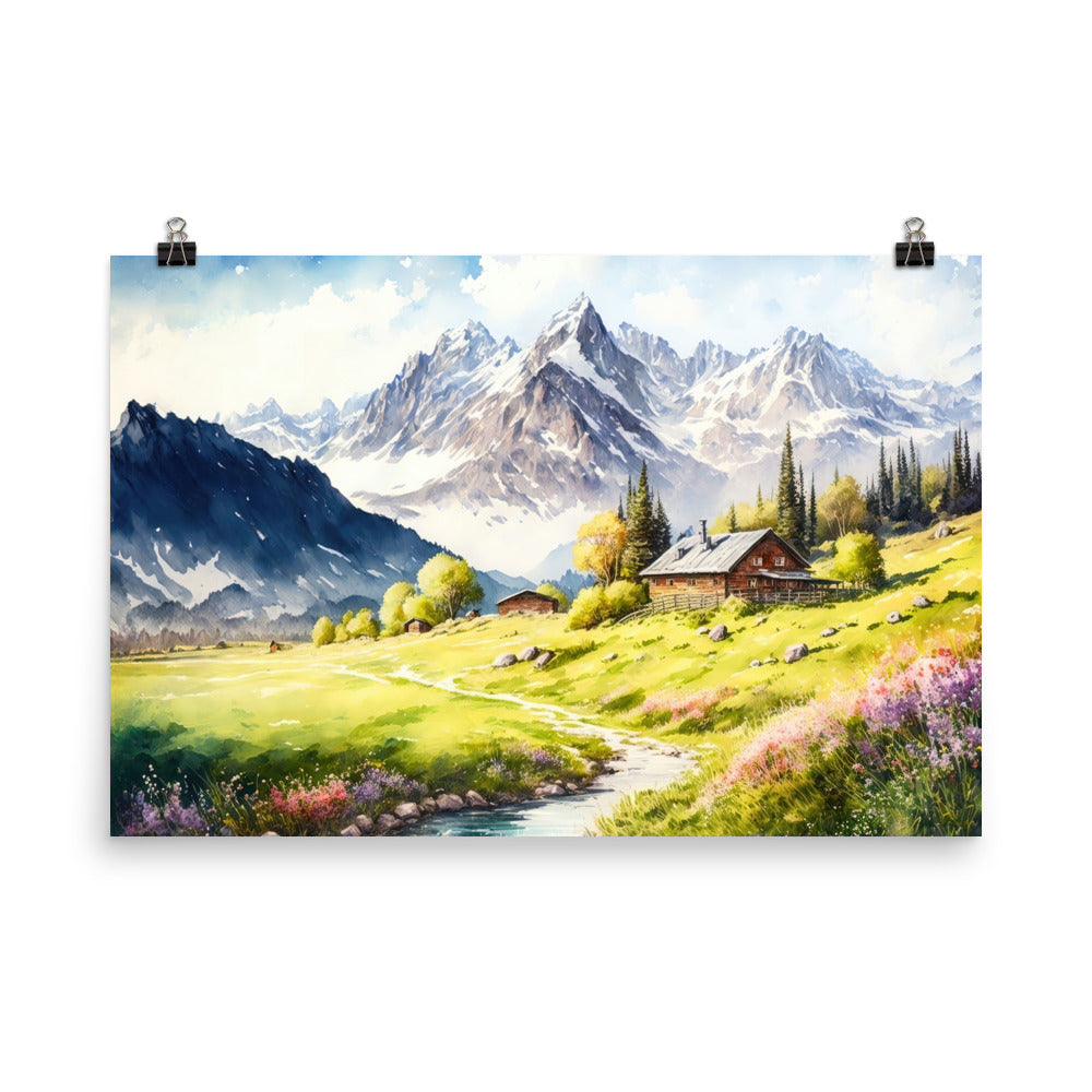 Epische Berge und Berghütte - Landschaftsmalerei - Premium Poster (glänzend) berge xxx 61 x 91.4 cm