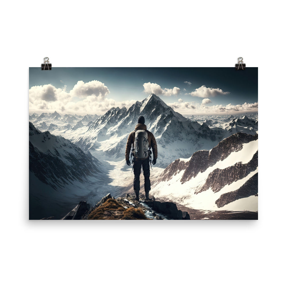 Wanderer auf Berg von hinten - Malerei - Premium Poster (glänzend) berge xxx 61 x 91.4 cm