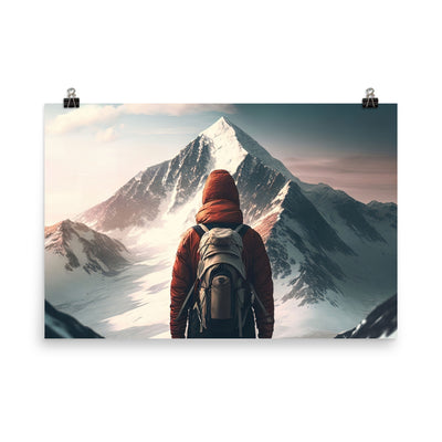 Wanderer von hinten vor einem Berg - Malerei - Premium Poster (glänzend) berge xxx 61 x 91.4 cm
