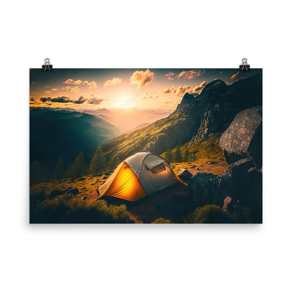 Zelt auf Berg im Sonnenaufgang - Landschafts - Premium Poster (glänzend) camping xxx 61 x 91.4 cm