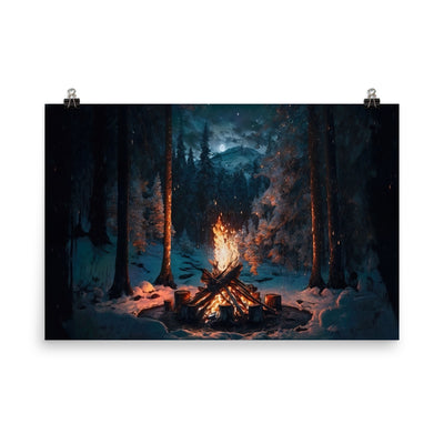 Lagerfeuer beim Camping - Wald mit Schneebedeckten Bäumen - Malerei - Premium Poster (glänzend) camping xxx 61 x 91.4 cm