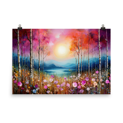 Berge, See, pinke Bäume und Blumen - Malerei - Premium Poster (glänzend) berge xxx 61 x 91.4 cm
